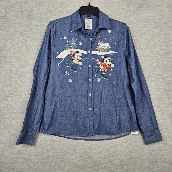 Disney Parks Women's Blue Christmas Embroidered Michey & Minnie Mouse Shirt Sz S - Picture 1 of 9